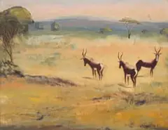 Simon Moroke Lekgetho, Three Bontebok, oil on board