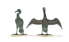 Robin Lewis, Pair of Cormorants, two, copper with a verdigris patina, on a perspex base