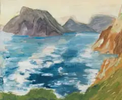 Alice Elahi, Seascape with Mountains, sketch, gouache on paper