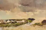 Beachscape with Figures and Cottages by Errol Boyley, oil on board, sold Apr 2024