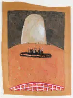 Colbert Mashile, Row of Figures in an Abstract Landscape, pastel and ink on paper