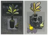 Bronwen (Jinny) Heath, Blue Vase, Yellow Plant; Black Bottle, One Pear, two, colour screenprint on paper