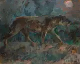 Stalking Lioness in the Moonlight by Zakkie Eloff, oil on canvas laid down on board, sold Apr 2024