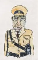 Cop by Jan Neethling, etching with hand colouring on paper, offered Apr 2024