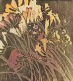 Freesias by Alice Goldin, colour woodcut on onion skin paper, sold Apr 2024