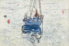 Richard Cheales, Boat and Seagulls, watercolour on paper