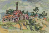 Gregoire Boonzaier, Village with Church Spire, oil pastel on glasspaper