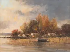 Cottages with Boat by Christiaan Nice, oil on canvas, sold Apr 2024