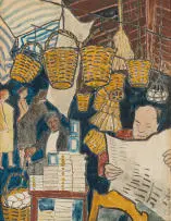Alison Roux, Figures with Baskets, watercolour and pencil on paper