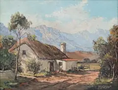 Gabriel de Jongh, Cottage and Distant Mountains, oil on canvas laid down on board
