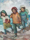 Amos Langdown, Three Children Fishing, oil on canvas laid down on board