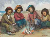 Amos Langdown, Four Children Cooking Fish, oil on canvas laid down on board