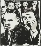William Kentridge, Lulu Act III Sc 1, 2017, linocut and handcolouring on paper