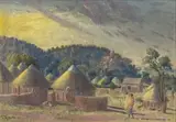 John Koenakeefe Mohl, Sunset in Serowe, oil on board