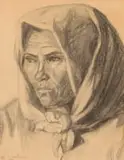 Maggie Laubser, Portrait of an Old Woman Wearing a Head Scarf, pencil on paper laid down on board