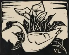 Maggie Laubser, Swan and Arum Lilies, linocut on paper