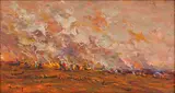 Veld Fire by Adriaan Boshoff, oil on canvas laid down on board, sold Mar 2024