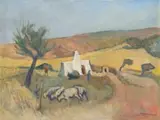 Piet Kannemeyer, Farm Cottage with Sheep, oil on board