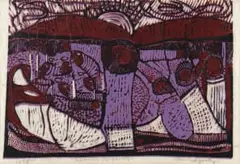 Dan Rakgoathe, Assembly of Saints, colour linocut on tissue paper