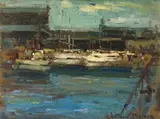The Harbour by Adriaan Boshoff, oil on canvas laid down on board, sold Mar 2024