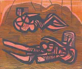 Two Reclining Figures by Cecil Skotnes, colour woodcut on paper, sold Mar 2024