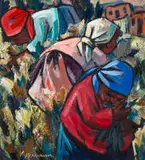 Harvesters at Work by Hennie Niemann Snr, oil on board, sold Mar 2024