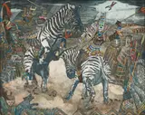Hardy Botha, Masked Warriors and Zebras, hand-coloured etching on paper