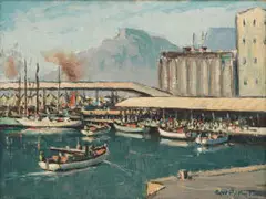 George William Pilkington, Cape Town Harbour, oil on board