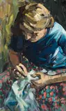 Lady Sewing by Hennie Niemann Snr, oil on canvas laid down on board, sold Mar 2024