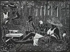Linga Diko, The Picnic, linocut on rice paper