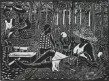 Linga Diko, The Picnic, linocut on rice paper