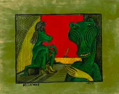 Two Green Interior Baboons by Nicolaas Maritz, 1996, hand coloured and varnished photostat print, offered Mar 2024