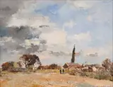 Landscape with Buildings and Figures by Errol Boyley, oil on board, offered Mar 2024