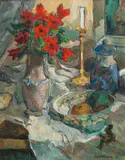 Eben van der Merwe, Still Life with Vase of Red Flowers, Bowl of Fruit and Candlestick