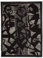 Cecil Skotnes, Three Figures-Black and White, tapestry, 2019, mohair wool and tapestry thread on tapestry canvas, signed by Pippa Skotness, dated 2019, numbered 4/4, inscribed with the artist's name, the title, 'The Stephens Tapestry Studio', and the weavers names Margaret Zulu, Rhoda Sori and Virginia Mazwaba