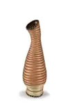 A Rwandan woven grass and palm fibre floor vase by Tutsi Peoples Unrecorded artist, the bulbous body with asymmetrical funnel neck, with orange and black interlacing zig-zag pattern, sold Feb 2024