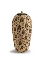 Angeline Masuku, A large Zulu ilala palm and ukhasi grass fibre basket and cover, the exterior decorated in plant dye with stylized animals and huts