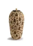 Angeline Masuku, A large Zulu ilala palm and ukhasi grass fibre basket and cover, the exterior decorated in plant dye with stylized animals and huts