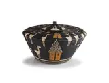 Angeline Masuku, A large Zulu ilala palm fibre Ukhamba and cover, 2023, the dyed conical body decorated with black and brown stylised animal and houses