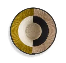 Sibongile Dlamini, A Tintsaba coiled sisal basket, 2023, woven with with black, beige and olive green geometric block patterns