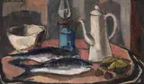 Maurice van Essche, Still Life with Coffee Pot, Fish and Bowl, oil on board