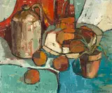 Christina Aletta (Christa) Botha, Still Life with Jug, Fruit and Plant, oil on board