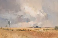 Landscape with Windmill by Christopher Tugwell, oil on board, sold Jan 2024