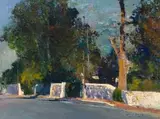 Franschhoek Street Scene with Trees by Errol Boyley, oil on board, sold Jan 2024