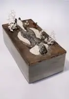 Rina Stutzer, You Blow a Breeze and Brand, Your Breath into my Mouth. You Reach - then Bend, your Force, to Break, Blow, Burn, and Make Me New, 2023, cast bronze, ceramic, cast silver, patina, steel rod and (naboomspruit) sandstone