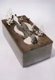 Rina Stutzer, You Blow a Breeze and Brand, Your Breath into my Mouth. You Reach - then Bend, your Force, to Break, Blow, Burn, and Make Me New, 2023, cast bronze, ceramic, cast silver, patina, steel rod and (naboomspruit) sandstone