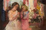 Two Girls with Flowers by Mari Vermeulen-Breedt, oil on canvas, offered Feb 2024
