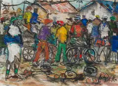 Joe Maseko, Township Scene with Bicycles, mixed media on paper