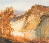 William Timlin, Landscape with Riverbed and Distant Mountains, watercolour on paper laid down on card