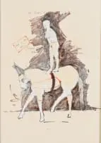 Figure and Donkey by Wilma Cruise, mixed media on sketchbook paper, offered Feb 2024